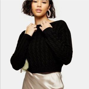 Topshop Cable Knit Crop Sweater Black Boat Neck Size 14